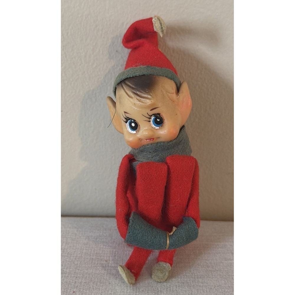 Vintage Japan ELF KNEE HUGER w/Rubber Face & Red/Green Felt Outfit/ Pointed Ears